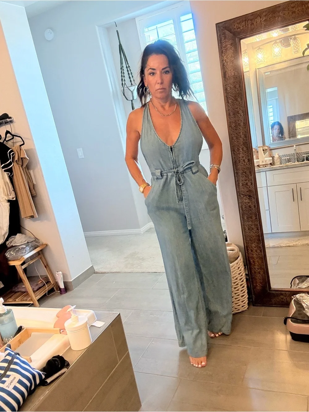 Free People Chambray Strapy Back Light Blue Denim Tie-Waist Jumpsuit